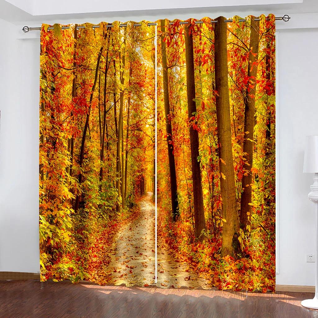 3D Curtain Tree Scenery for Bedroom, Autumn Forest Sunset Print, Light Curtain, Essential Polyester, 2 Panels