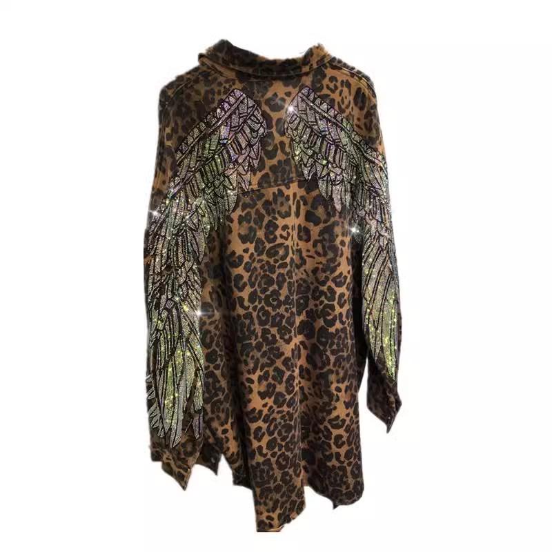 Extra Large Leopard Print Diamond Wing Jacket - Mid-Length, Loose Fit for Plus Size Women (200-300 Lbs)