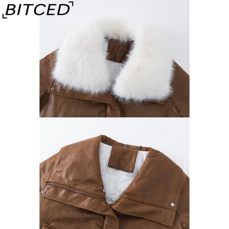 BITCED Women's Short Down Jacket with Oversized Fur Collar Winter Stylish Quilted Coat Thickened Outerwear American Style
