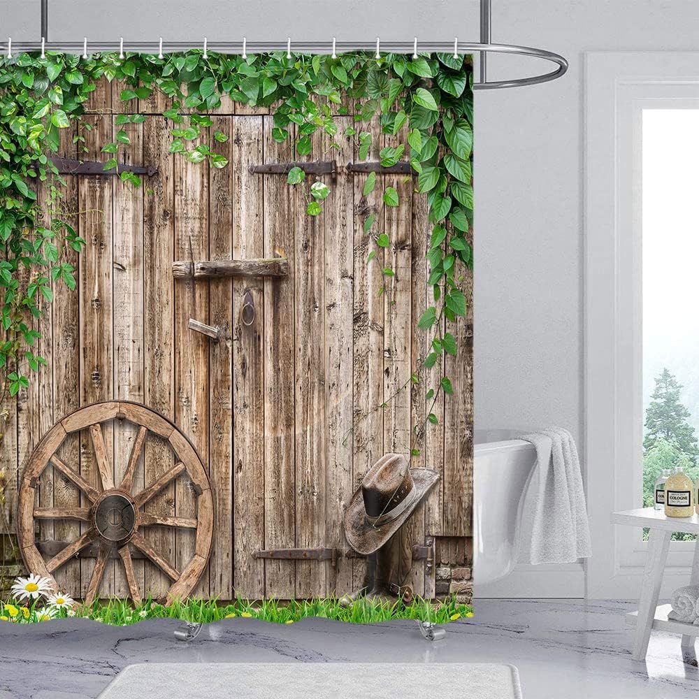 country barn door shower curtain farm vintage pattern theme for bathroom bathtub decoration accessories shower curtain with hook