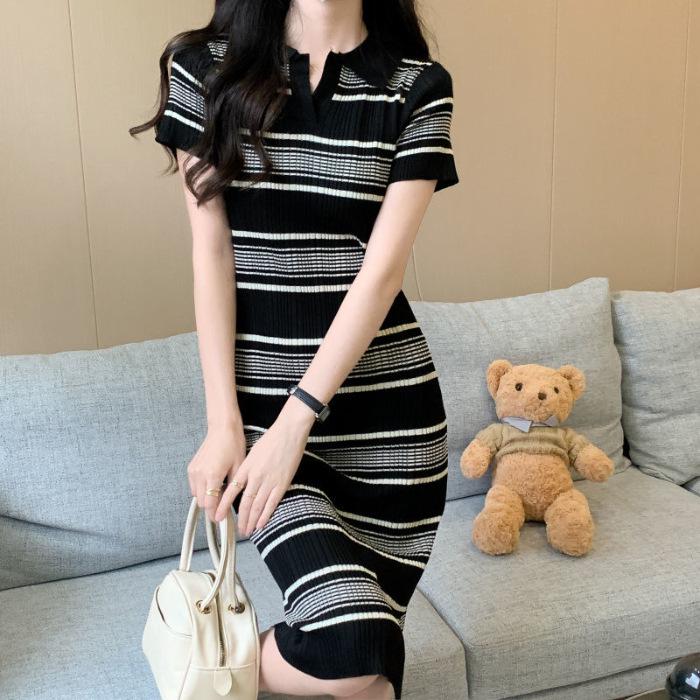 

Women s Striped Polo Collar Dress (Summer 2026) - Waist-Cinching, Slim-Fit, Hip-Hugging Mid-Length Skirt One Size