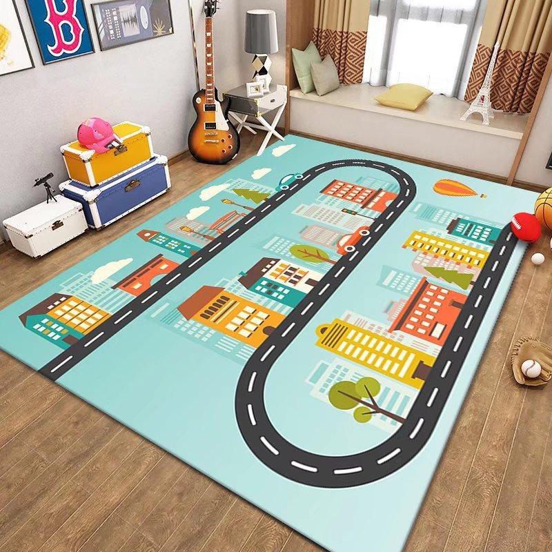 Kids Parking Lot Traffic Game Carpet Boy Car Cartoon Road Track Carpet Driveway Floor Mat Kids Game Crawl Floor Mat Home Decor
