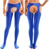 Womens Glossy Cutout Pantyhose Mid Waist Tights Crotchless Design Elastic Waistband Sheer Leggings Skinny Pants