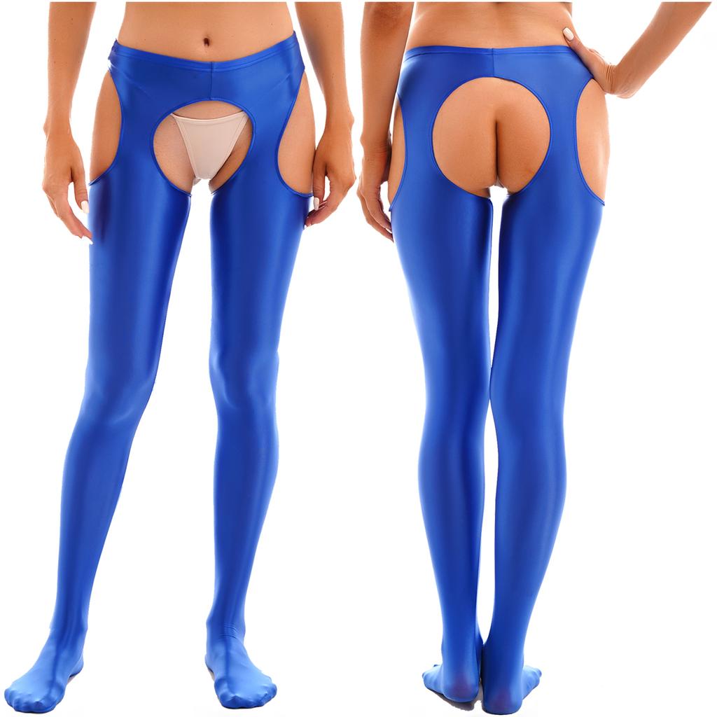 Womens Glossy Cutout Pantyhose Mid Waist Tights Crotchless Design Elastic Waistband Sheer Leggings Skinny Pants