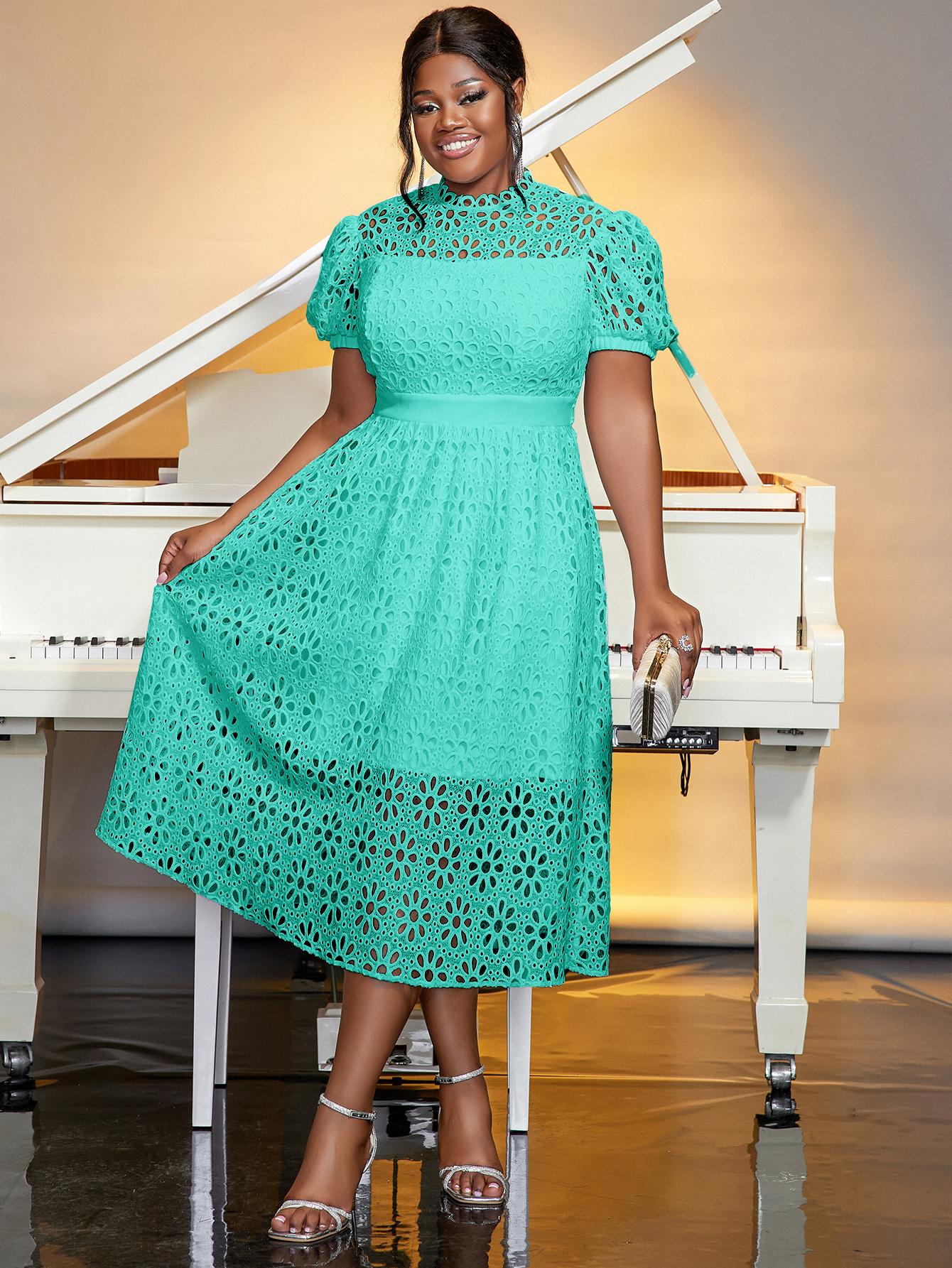 

AOMEI белые кружевные платья женские с коротким рукавом с открытой высокой талией трапециевидной формы миди повседневные рабочие вечерние платья 1XL зелёный