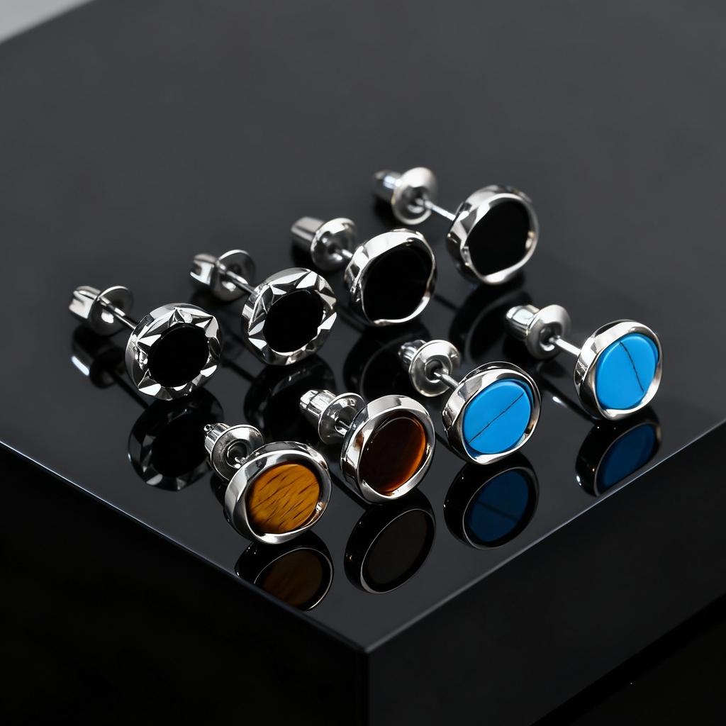 Stylish Geometric Round Stud Earrings for Men Boys, Black Agate Tiger Eye Natural Stone Earrings, Fashion Daily Jewelry Gift