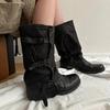 Vintage Knee High Boots Belt Buckle Round Toe Flat With Turned-Over Edge Genuine Leather Solid Color Elegant Sexy Shoes