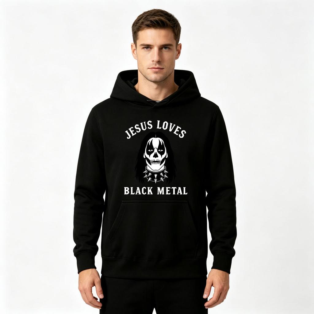 Men's Jesus Loves Black Metal Print Pullover Hoodie Casual Long Sleeve Sweatshirt