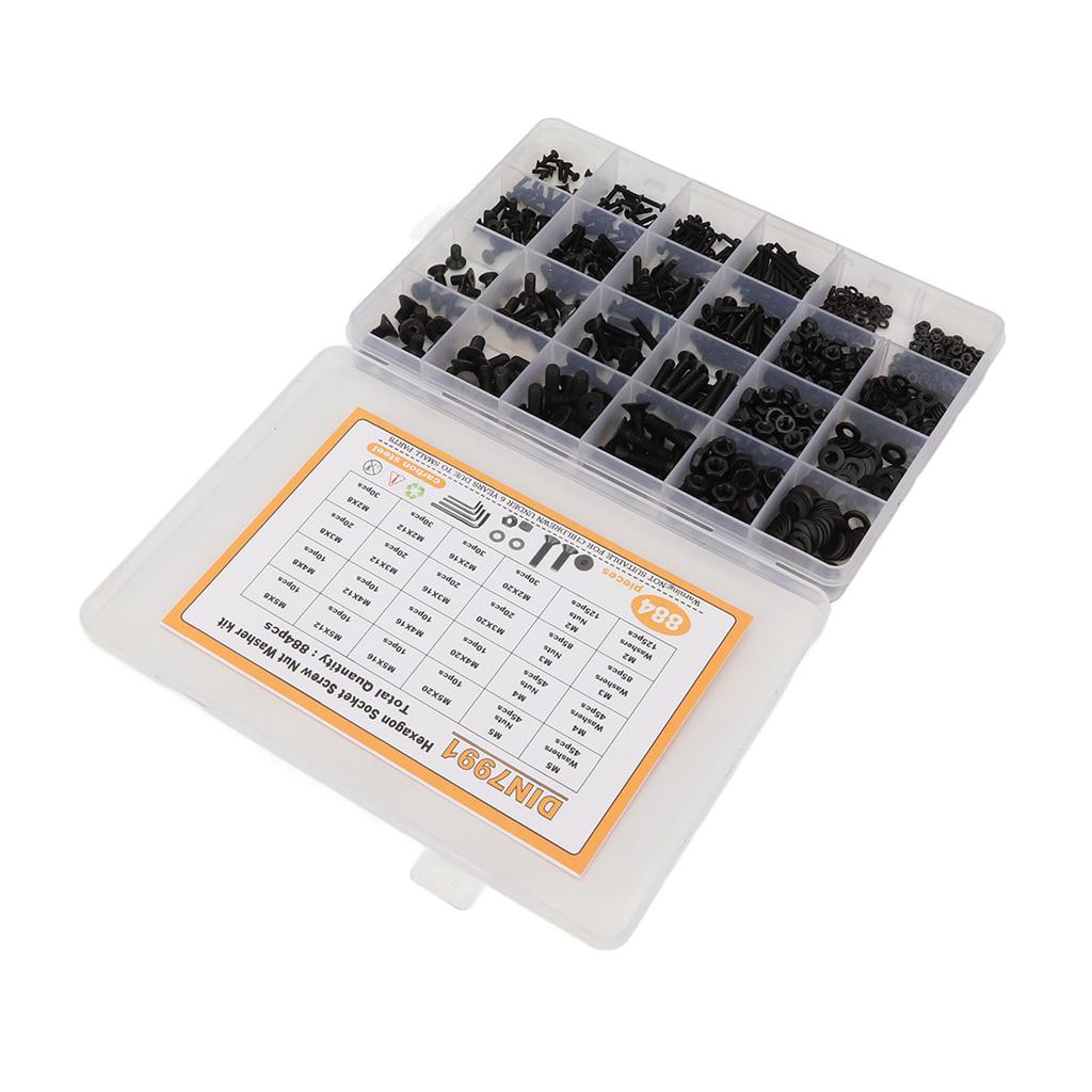 884ks M2 M3 M4 M5 Sada šroubů s vnitřním šestihranem, matic a podložek z uhlíkové oceli s úložným boxem, černá