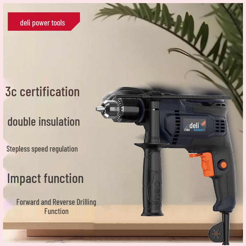 Deli Electric C180 Drill: 3C Certified, Double Insulated, Stepless Speed Control, Forward/Reverse, High-Speed Impact Drill.