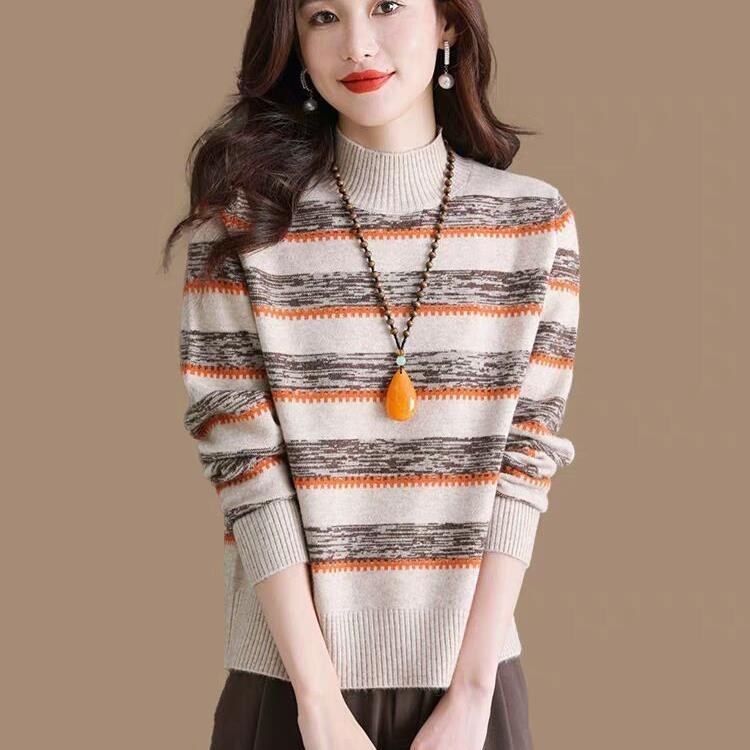 Fashionable Knitted Sweater for Women Half Turtleneck Striped Base Shirt New Style Autumn and Winter Sweater