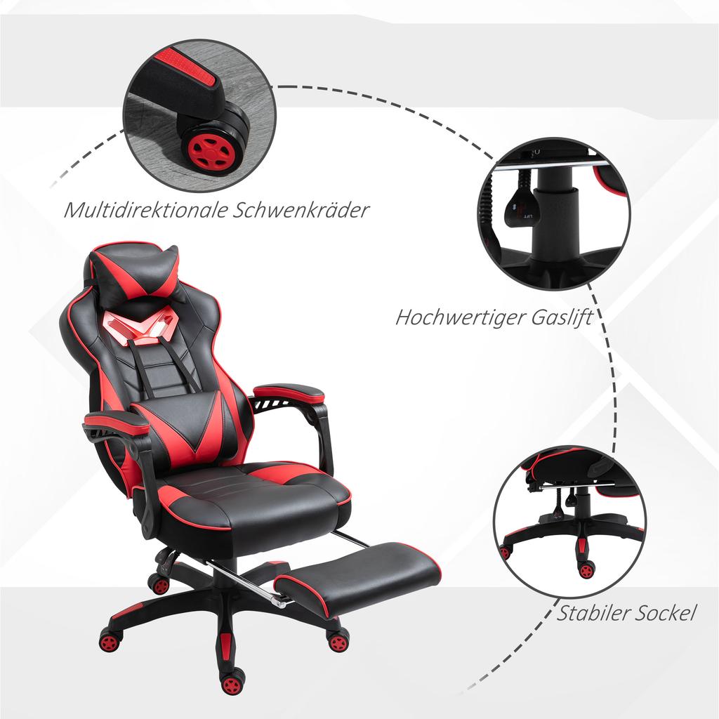 Gaming Chair, PU Leather Computer Chair, Home Office Chair with Footrest, Lumbar Support and Headrest, Red
