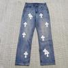 Unisex Y2K Harajuku Cross Embroidered Straight Jeans Men Women Summer Casual Denim Pants Streetwear