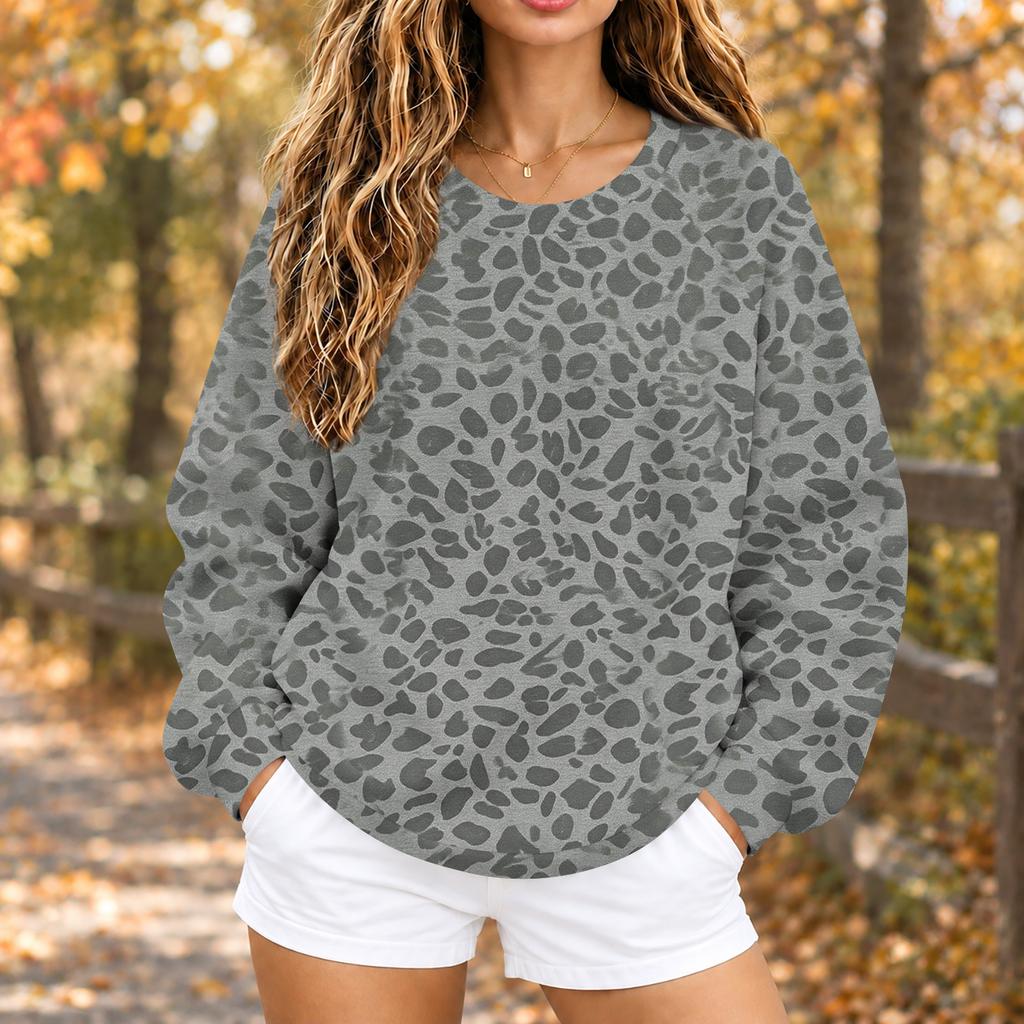 Women's Comfortable Loose Fit Crewneck Raglan Sweatshirt with Leopard Print for Casual Wear