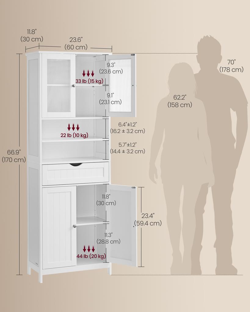 VASAGLE Storage Cabinet, Freestanding Bathroom Storage Unit with Adjustable Shelves, Drawer, Open Compartments, for Bathroom, Living Room, Kitchen