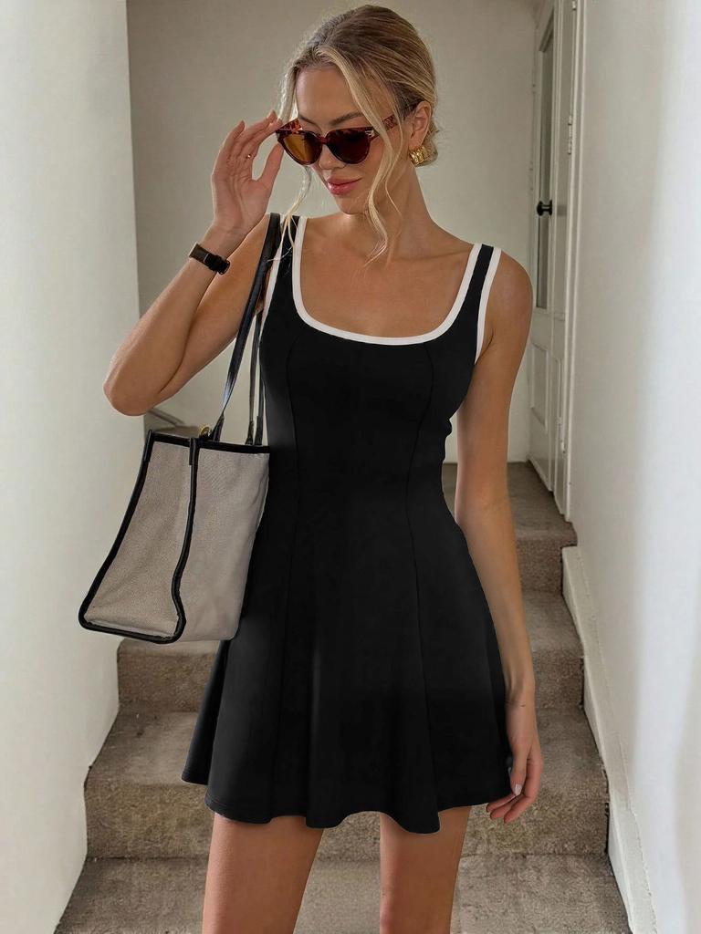 Women Square Neck Tank Dress Sleeveless A Line Mini Dress Contrast Binding Casual Summer Dress