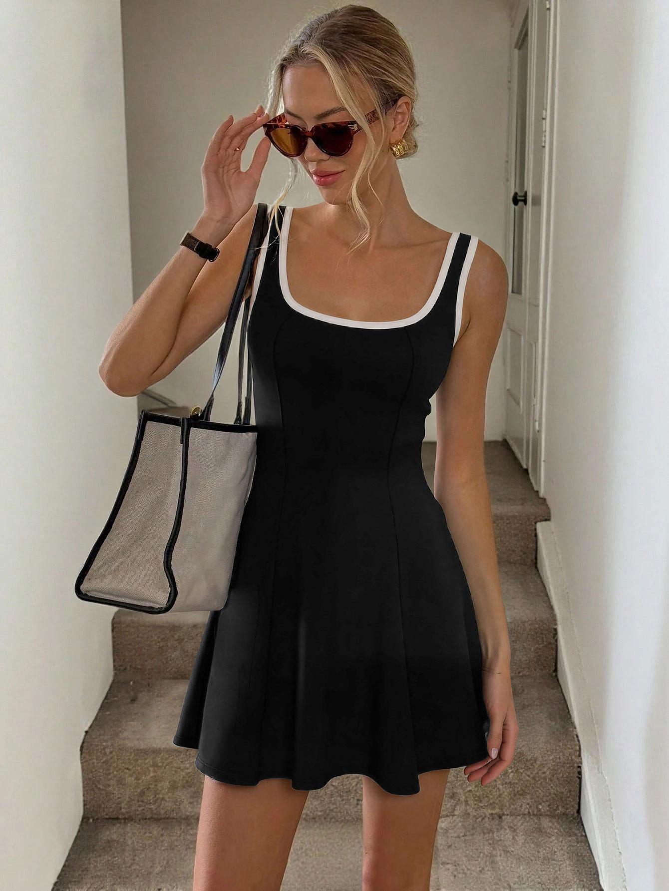 

Summer new sports style U-neck sleeveless contrasting color hemming slim and thin A-word short tennis dress dress women S