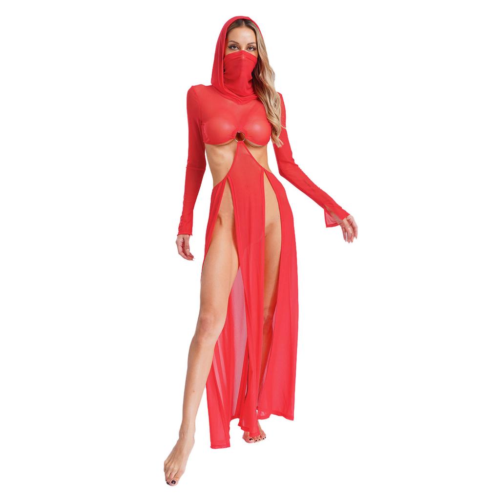 Women Sheer Maxi Dress High Slit Design Hooded Face Cover Long Sleeves Hollow Out Mesh Coverup Gown