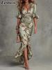 Summer New Style V-Neck Slim Fit Long Dress Printed with Leaf Edge, Elegant Maxi Dress