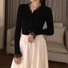 Black Slim Fit V-Neck Lace Trim Cardigan - Women's Long Sleeve Spring Sweater Top