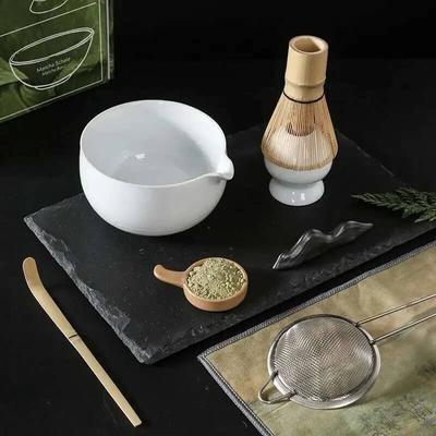 4pcs Traditional Matcha Giftset Bamboo Matcha Whisk Scoop Ceremic Matcha Bowl Whisk Holder Chinese Tea Set Kitchen Supplies