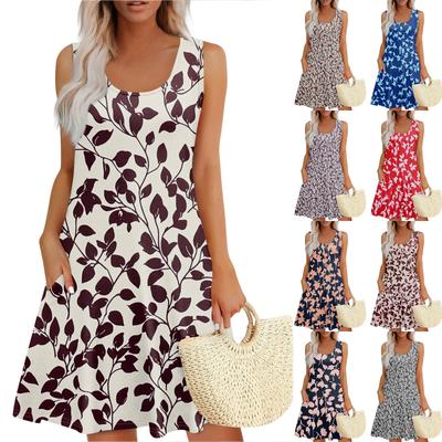 Vestido Feminino de Verão Estampado com Folhas Moda Casual Decote Quadrado Sem Mangas Com Bolsos