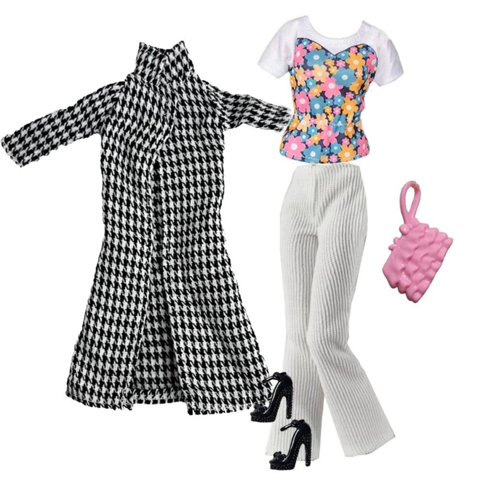 Elegantes Puppenoutfit für 1/6 Puppe Modepuppe Rosa Hahnentritt-Kleid Hut Goldener Gürtel Handtasche mit Schuhen Set