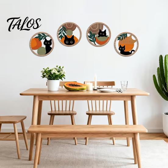 Nursery Wall Decor 4Pcs Black Cat Set, Boho Cartoon Hanging Art, Bedroom Art Farmhouse Rustic Wooden Plants Sign for Living Room Office Animal
