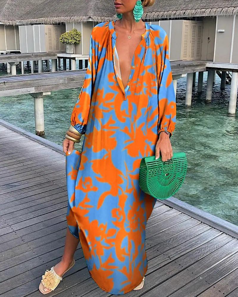 

Autumn 2026 Women s V-Neck Long-Sleeved Print Pullover Dress with Loose Fit and Large Hem. X-Large оранжевый