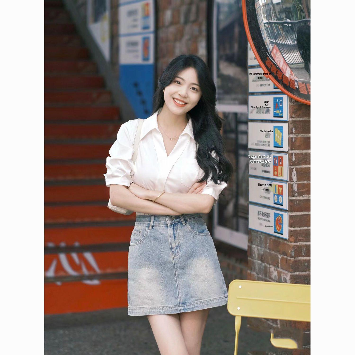 

Hong Kong Retro Style Summer Outfit: White Shirt & Denim Skirt Two-Piece Set S (recommended 85-95 jin)