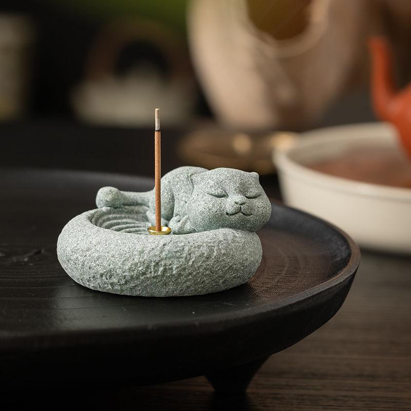 Blue Sandstone Cat Incense Insert Tea Pet Incense Seat Living Room Indoor Line Incense Sandalwood Tea Ceremony Desktop Ornament