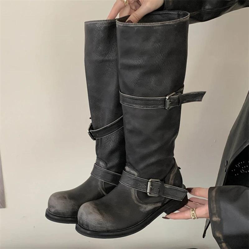 Eilyken Winter Punk Design Belt Buckle Knee High Boots Women Fashion Round Toe Square Heels Shoes Modern Booties  De Muje