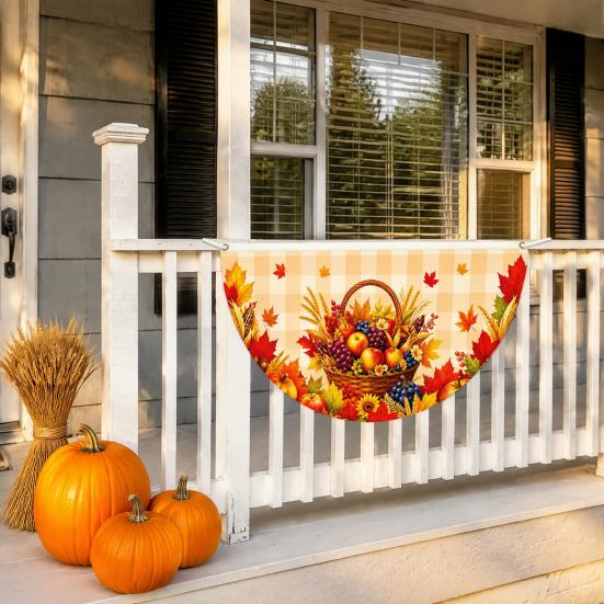 Thanksgiving Fan Flag Fall Bunting for Outside, 1.5 x 3ft Turkey Pumpkin Maple Outdoor Decorative Fans Leaf Pattern Hanging Banner, Harvest