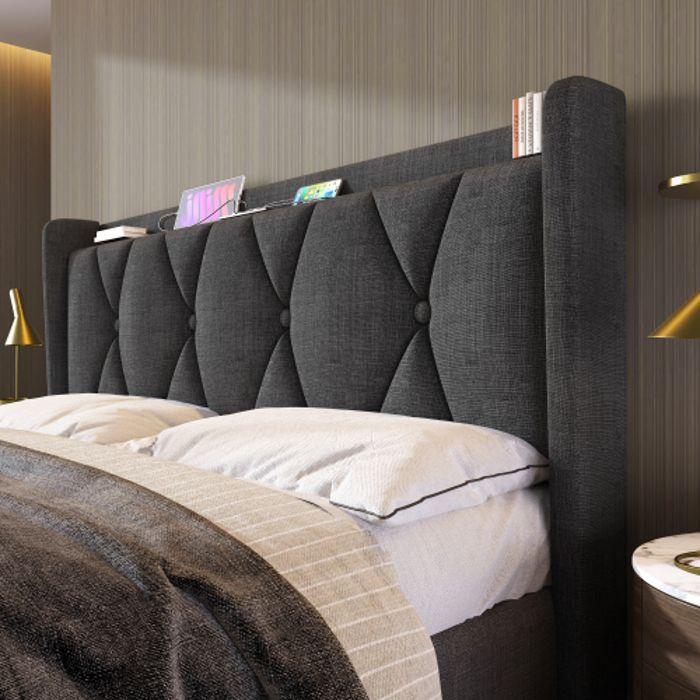 Lit - MUVOE - 160x200 Cm - Headboard with USB - 4 Drawers - Contemporary Grey