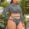 Split Swimsuit Stripe Printed High Waist Hollow Out Long Sleeve Sunscreen Swimsuit For Women