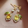 1Pair Elegant Rhinestone Lemon-Shaped Drop Earrings for Women, Gold Tone Yellow Crystal & Green Enamel Leaf Earrings, Cute Fruit Design Statement 