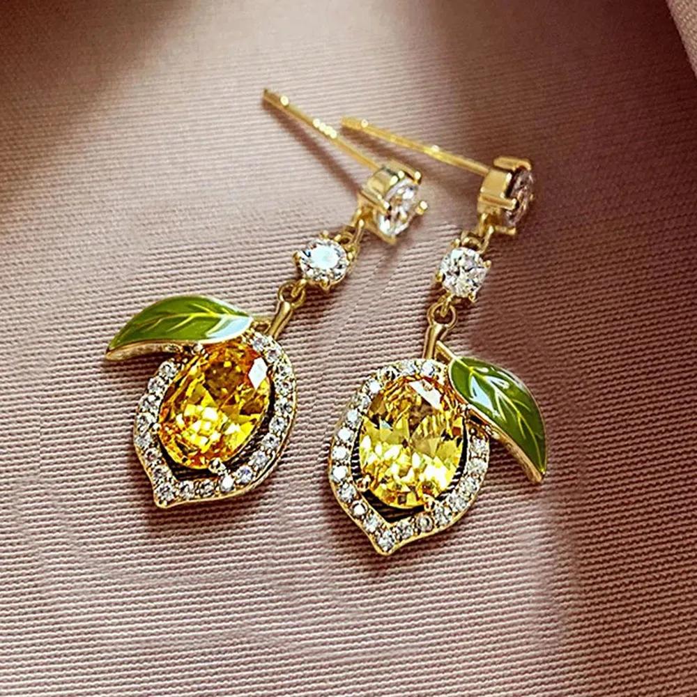 1Pair Elegant Rhinestone Lemon-Shaped Drop Earrings for Women, Gold Tone Yellow Crystal & Green Enamel Leaf Earrings, Cute Fruit Design Statement