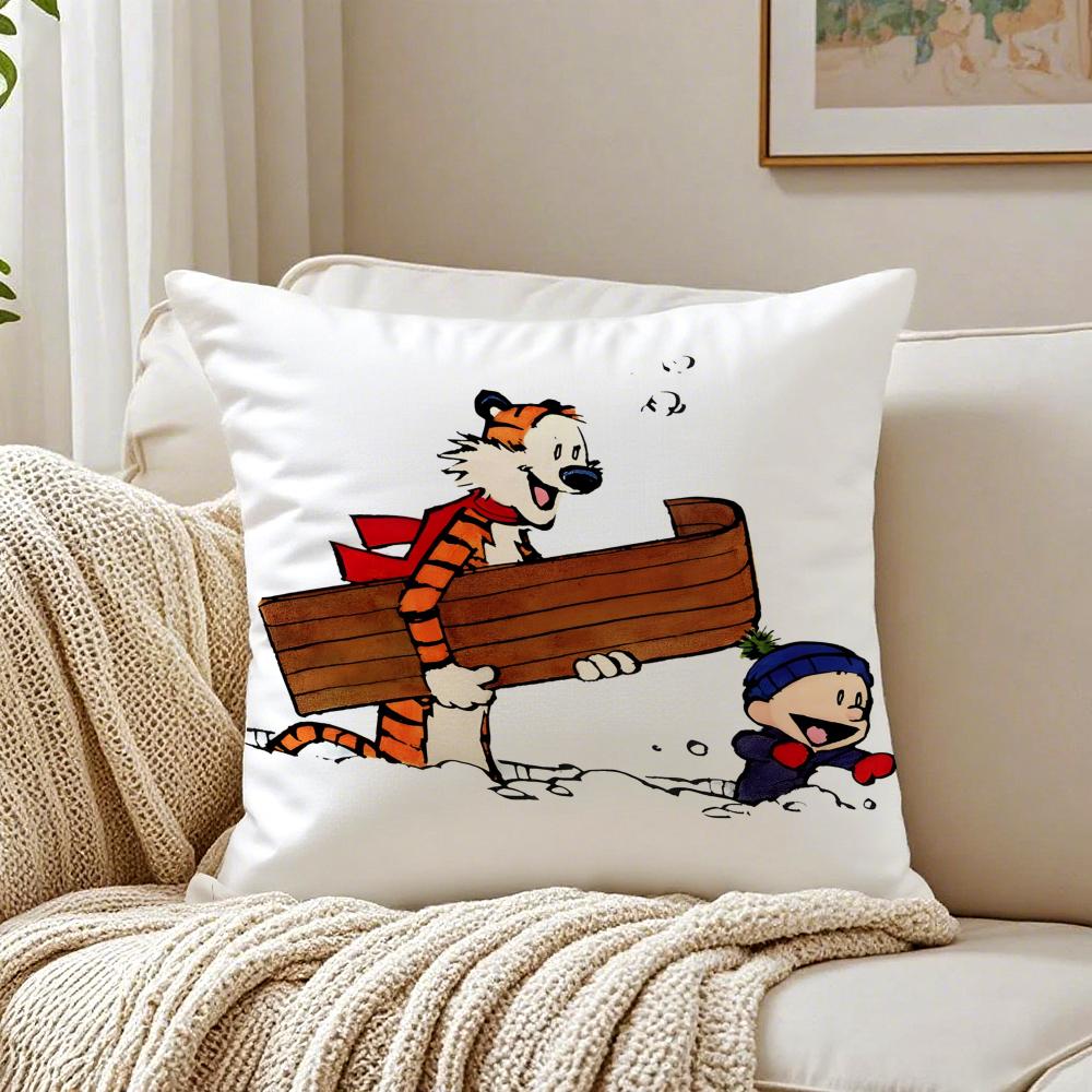 Cartoon C-Calvin And H-Hobbeses Cushion Cover Linen Pillowcase Soft For Sofa Bed Home Room Decor