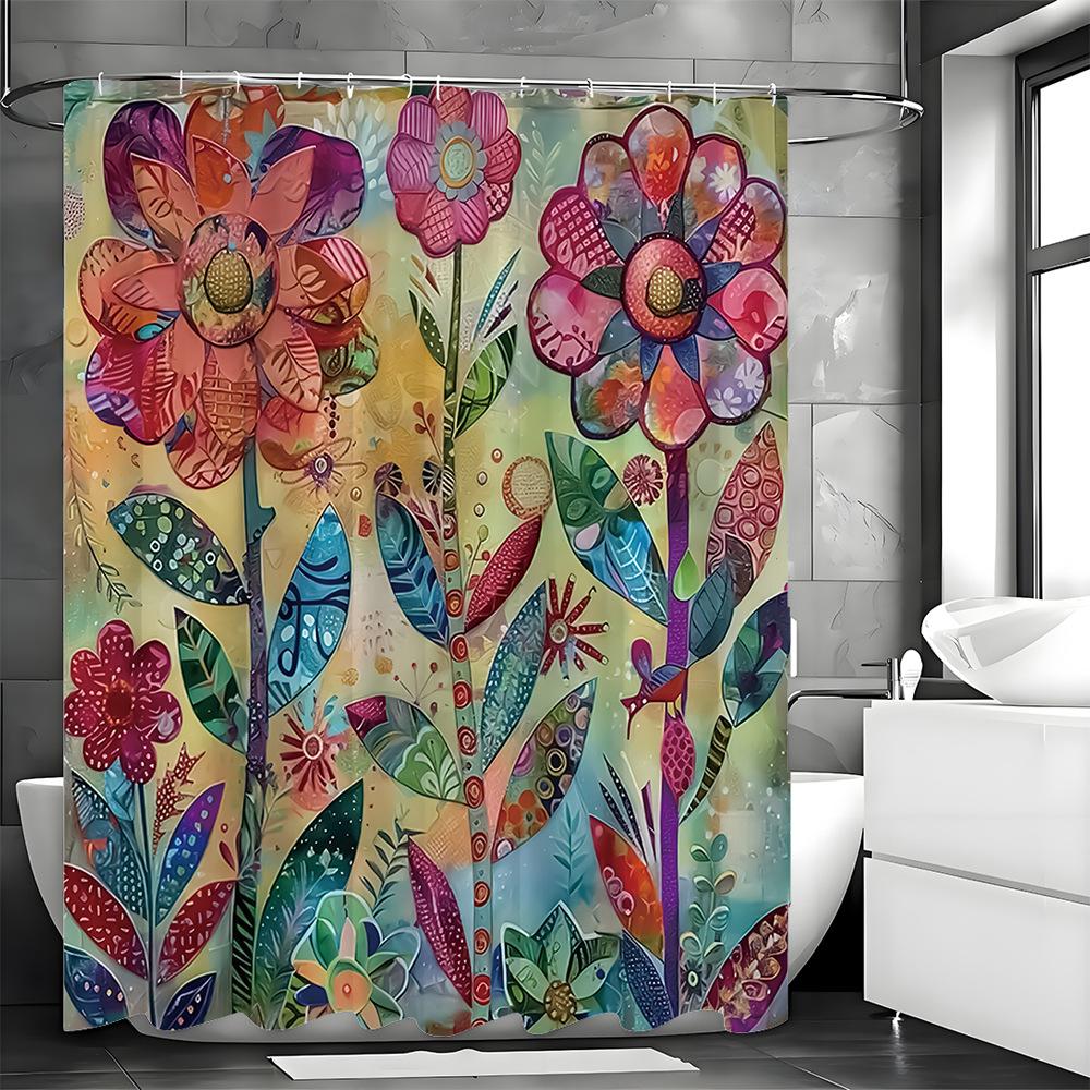 

Vintage Colorful Large Flowers Shower Curtain Washable Dirt-Resistant Shower Head Waterproof Polyester Bath Curtain W60H190(CM)-1 Pcs
