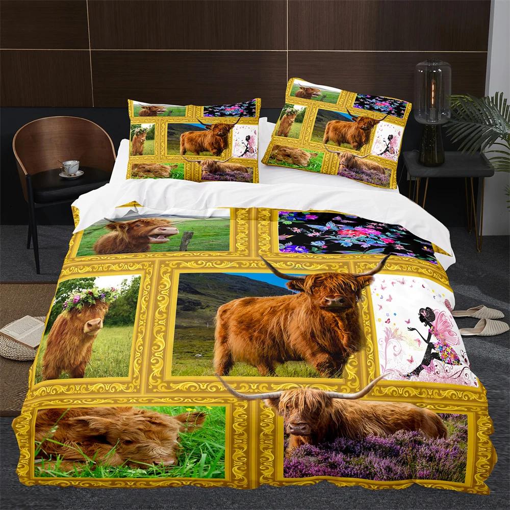 Highland Cow Duvet Cover King Queen Cattle Bedding Set Farmhouse Animal Quilt Cover Western Funny Bull Polyester Comforter Cover