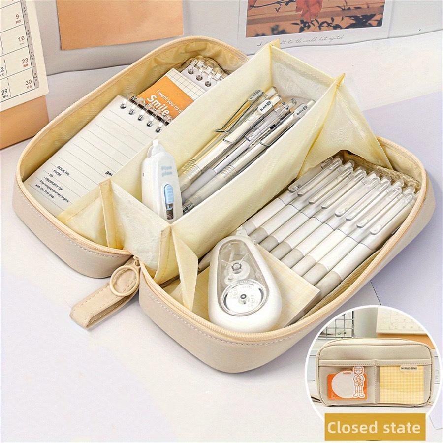 Estuche bonito de múltiples capas para lápices, estuche de gran capacidad, bolsa de almacenamiento de papelería duradera para oficina beige