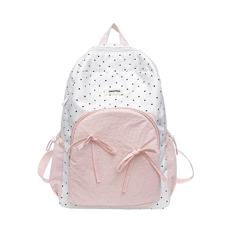 School Backpack For Female Junior High School Students High-Appearance Polka Dot Bow Girl S Backpack Lightweight Trendy Campus Backpack розовый