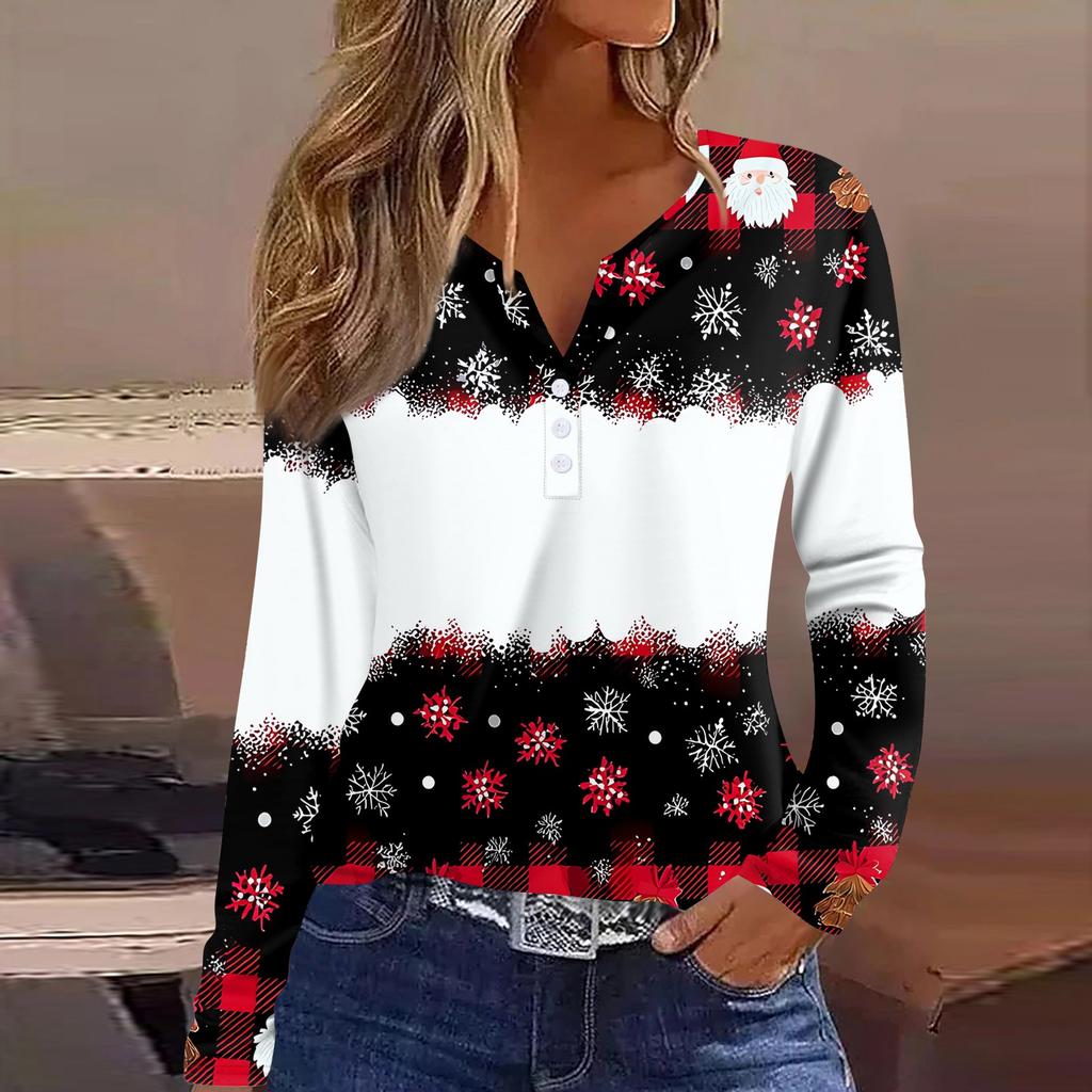 Women's T Shirt Tee Christmas Printed Button Long Sleeve Tunic Daily Weekend Fashion Basic V- Neck Regular Top