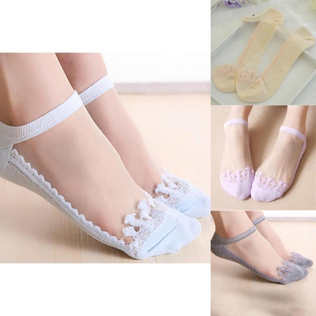 Classic Appeal Women Colors Sexy Ultra-thin Elastic Silky Short Silk Lace Invisible Socks In 7 Colors