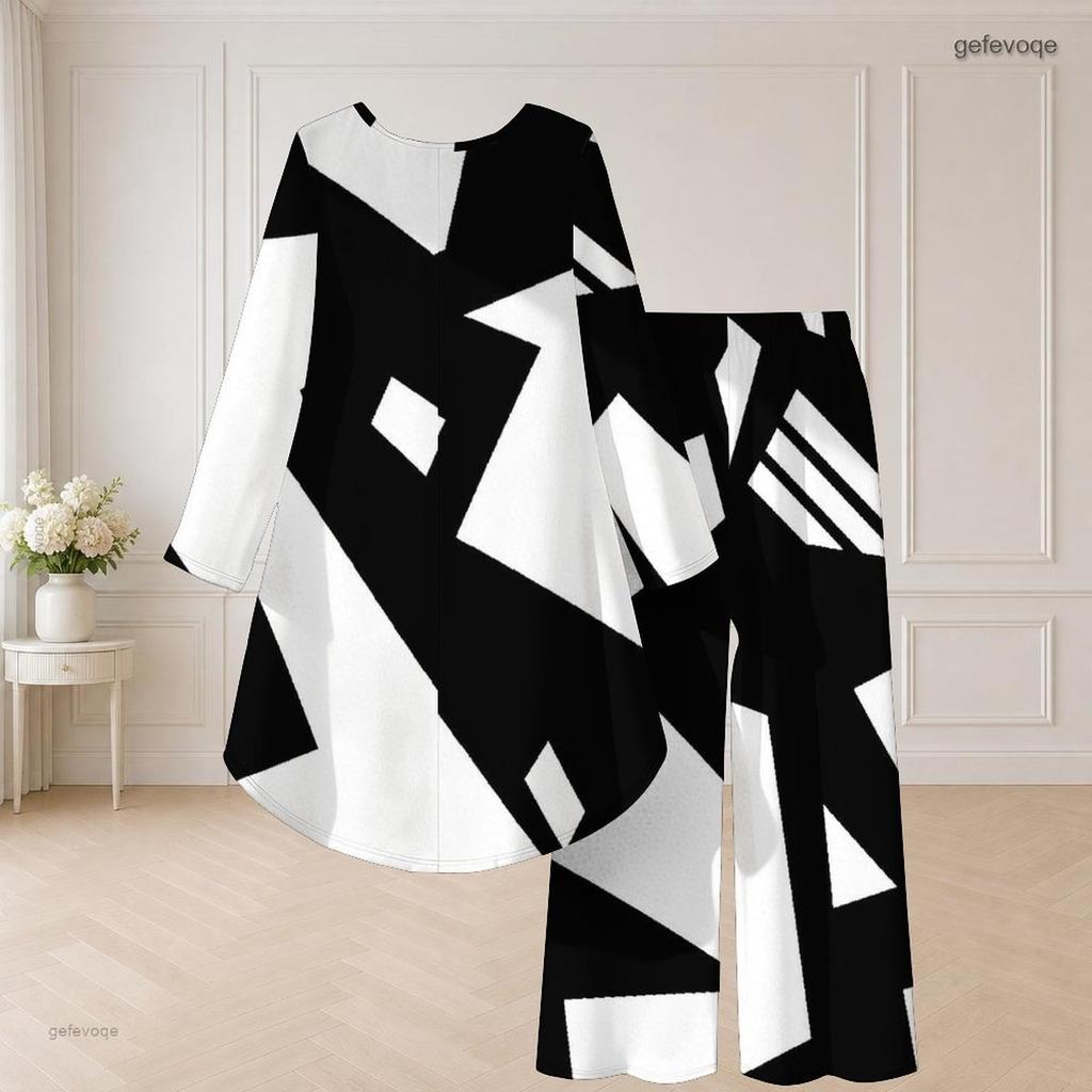 Women Plus Size Two Piece Pants Set Round Neck Long Sleeve Printed High Low Top Wide Leg Pants Black White