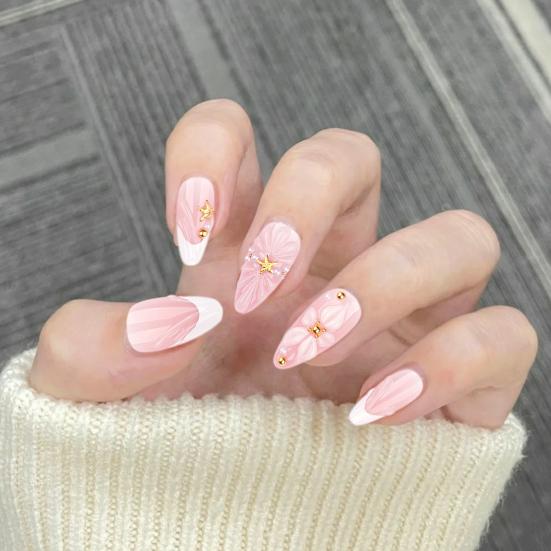 24 Pcs 3d Shell Starfish Press on Nails Ocean Long Stick-On Fake Nails Almond French