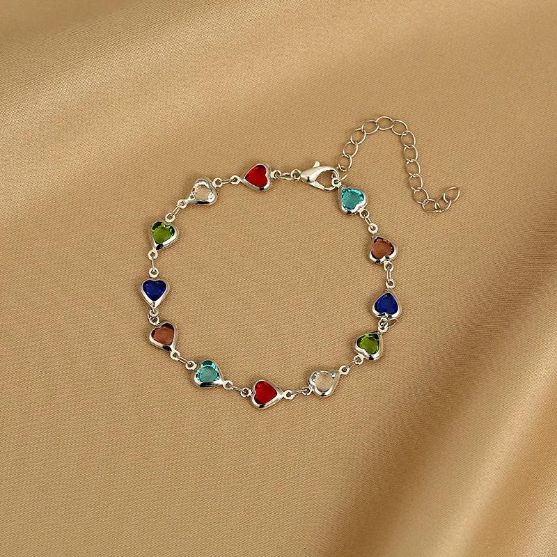 Exquisite Colorful Heart Bracelet for Women Charm Korean Crystal Zircon Metal Chain Bracelets Bangle Party Birthday Jewelry Gift