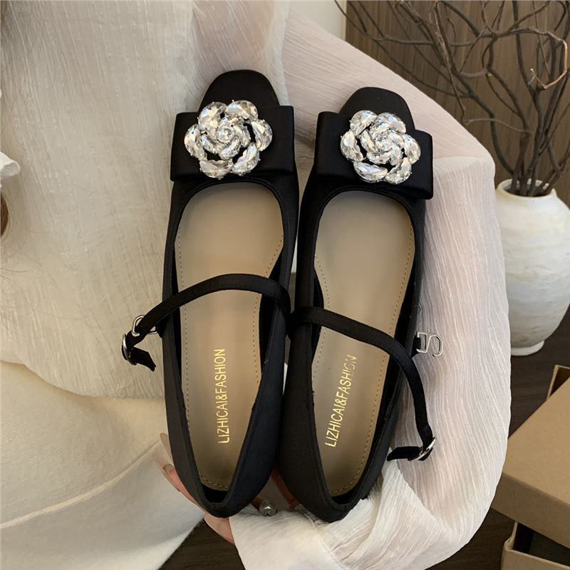

Small Fragrant Style Silk Rhinestone Temperament Single Shoes Women S Spring And Autumn Evening Breeze Thick Heel Mary Jane Shoes 39 чорний