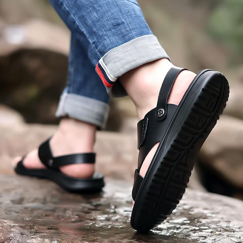 Men Brown Flats Slippers Summer Outdoor Wide Head Hiking Sandals Retro Black Leather Open Toe Beach Shoes Plus Size