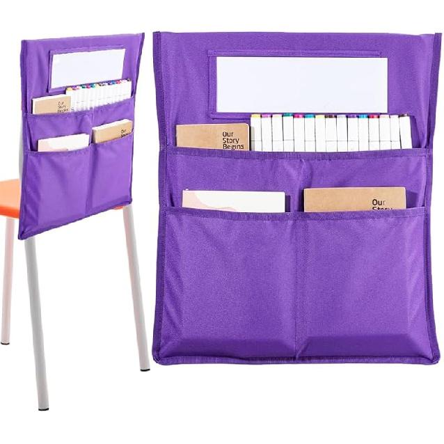 CRASPIRE Chair Buddy Storage Pocket 19x16.5inch Chair Back Organizer Chart Purple with Name Tag Label Slot Students Seat Chairback Multiple Pockets